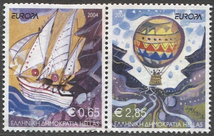 GREECE 2004 Sc 2110c Used Pair VF, Ship / Balloon, Europa Stamps, cv $10.50