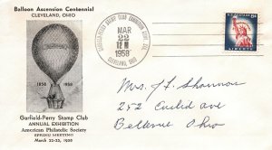 BALLOON ASCENSION CENTENNIAL AT CLEVELAND OHIO CACHET COVER 1858-1958 (TYPE I)