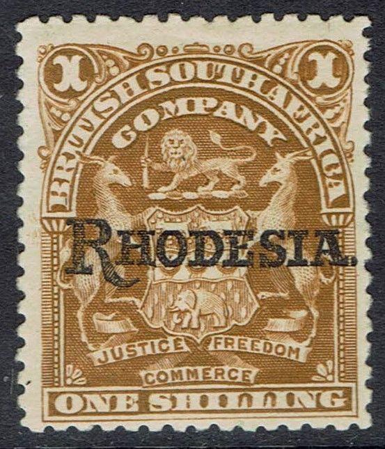 RHODESIA 1909 OVERPRINTED ARMS 1/- 