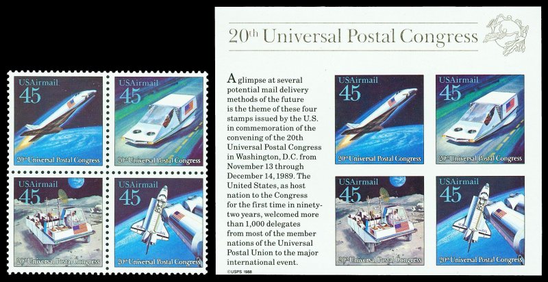 Scott C125a, C126 45c UPU Block of Four + Souvenir Sheet! Mint VF NH