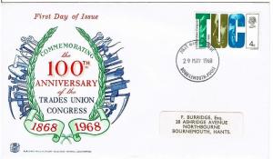 GREAT BRITAIN 1968 - CENTENARY OF TUC FIRST DAY COVER, BOURNMOUTH CANCELLATION