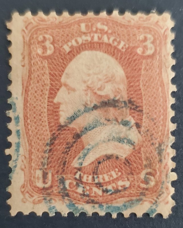 US 65, 1861 used, blue bulls-eye cancel