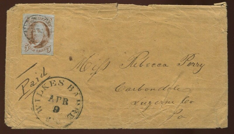 U.S. #1 Used on Cover Wilkes Barre PA to Pennsylvania 