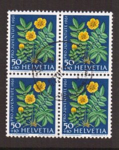 Switzerland   #B312  used 1961  pro Juventute  50c flowers block of 4