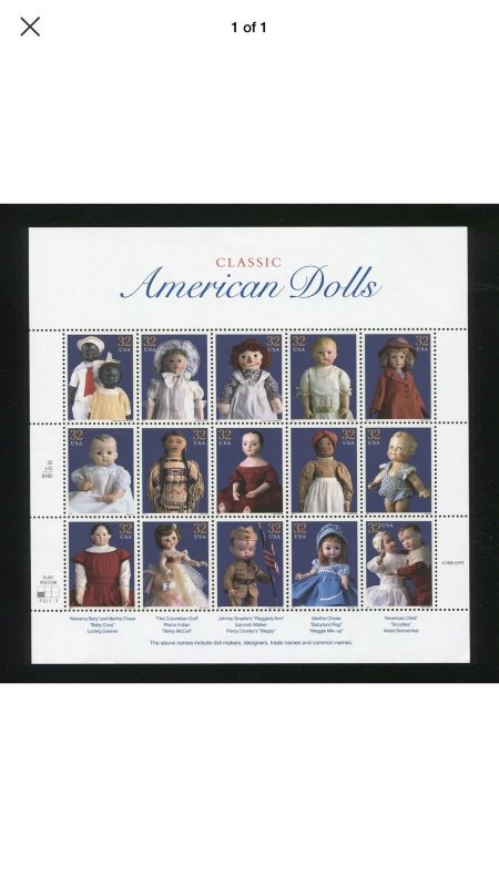 US Scott# 3151 Classic American Dolls Mint Sheet of 15 32 cent MNH Stamps