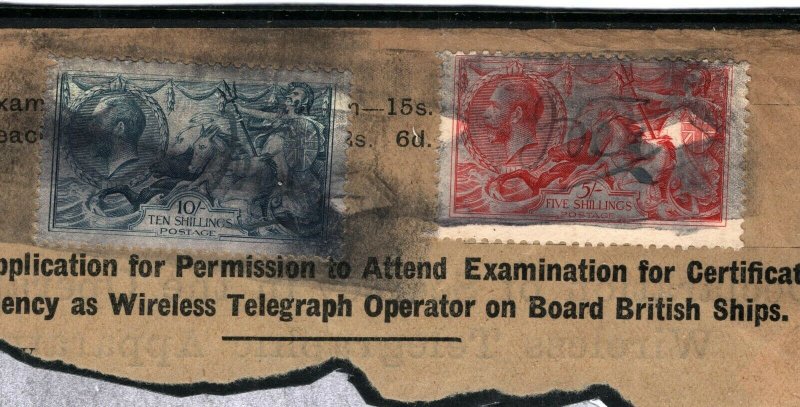 GB TELEGRAPHS Piece KGV High Values SEAHORSES Scarce 10/- Usage c1928 39b.13