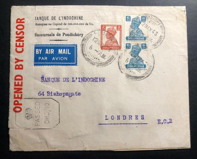 1943 British Post Office Pondichery French India Cover To London Inochine Bank