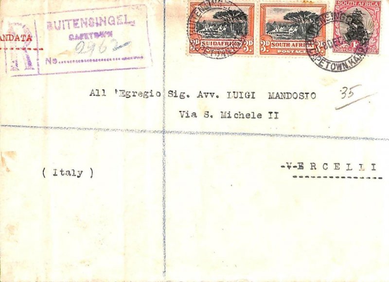ac6782 - SOUTH AFRICA - Postal History -  REGISTERED COVER to ITALY  1932