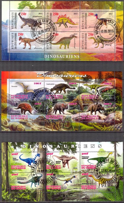 {g157} Congo Djibouti Ivory Coast 2013 Dinosaurs 3 sh. Used / CTO Cinderella