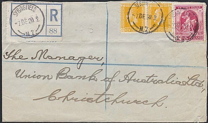 NEW ZEALAND 1920 Registered cover ex SPRINGFIELD - 1d Victory + GV 2d(2)....B674