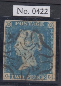 Number ‘12’ in Maltese cross on 1840 2d blue plate 1 lettered OL. A very... 