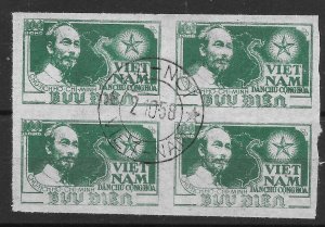 VIETNAM SGN4 1951 100d GREEN IMPERF BLOCK OF 4 USED.