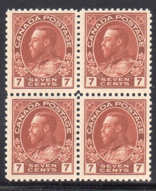 CANADA #114v MINT VF NH BLOCK OF 4 C$1120.00 - Admiral WET Printing