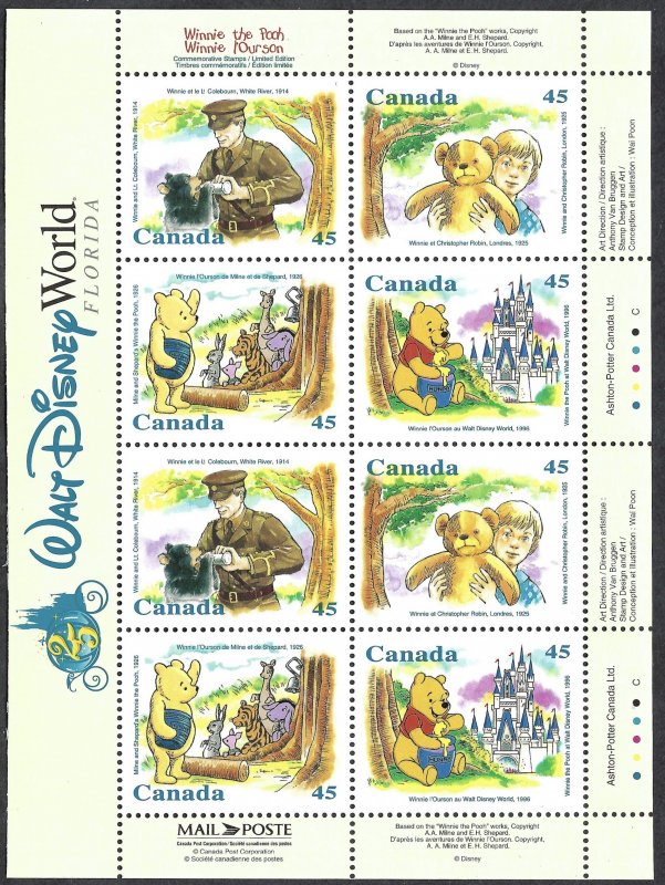 Canada #1621c 45¢ Winnie the Pooh (1996). Pane of 8. Four stamp designs. MNH