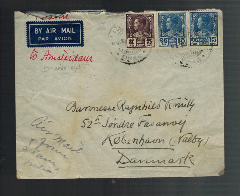 1938 Bangkok Thailand Airmail Cover to Copenhagen Denmark