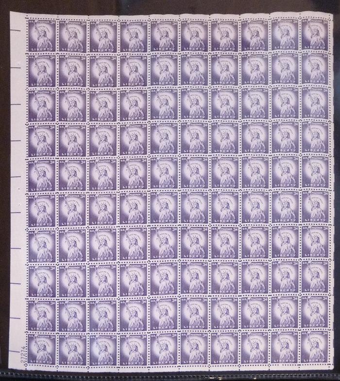 US #1035 FULL SHEET of 100, 3c Statue of Liberty,  VF/XF mint never hinged, S...