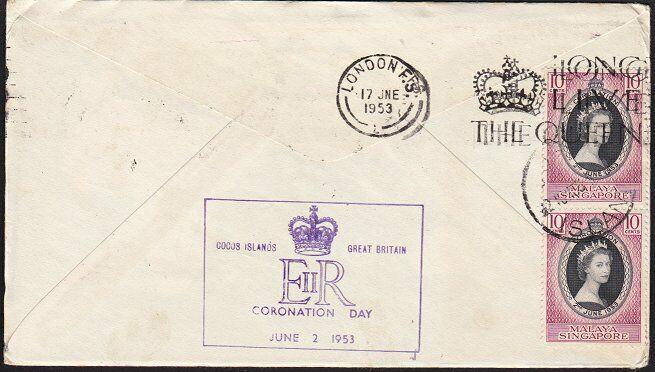 SINGAPORE USED IN COCOS 1953 Qantas flight cover to London.................68810