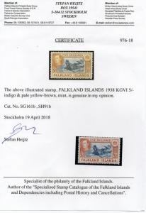 FALKLAND ISLANDS George VI,5/- .indigo/pale/brown with certificate,cat £1100.