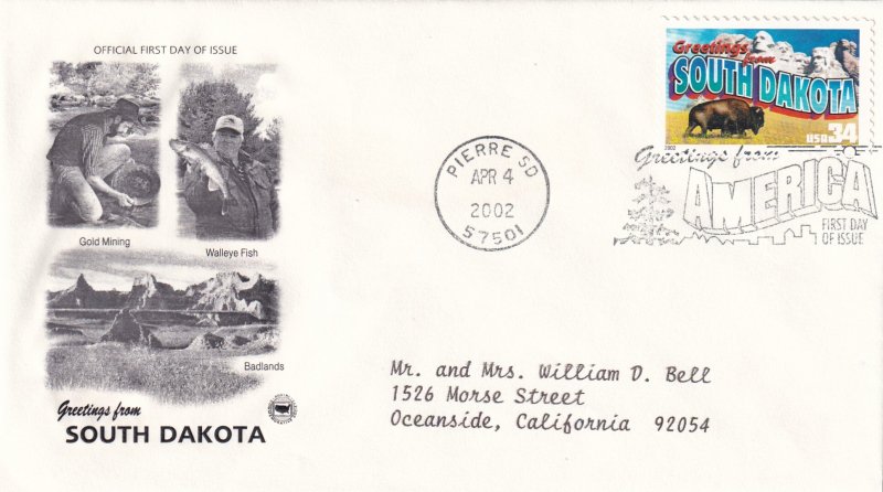 2002, Greetings from South Dakota, PCS, FDC (E11338)