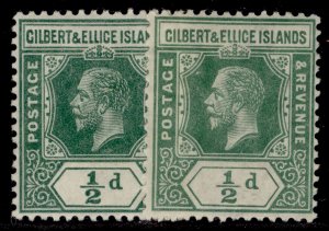 GILBERT AND ELLICE ISLANDS GV SG12 + 12a, ½d SHADE VARIETIES, M MINT.