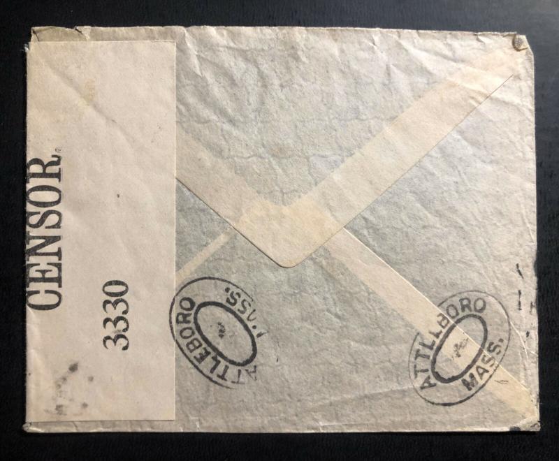 1917 Fieldpost Canada On Active Service Censored  WW1 Cover to Attleboro Ma USA