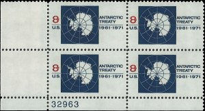 Scott # 1431 1971 8c red & dk bl  Antarctic Treaty
Emblem ; TAGGED Plate Bloc...