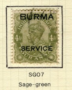 BURMA; 1937 early GV Optd. issue fine used Shade of 4a. value