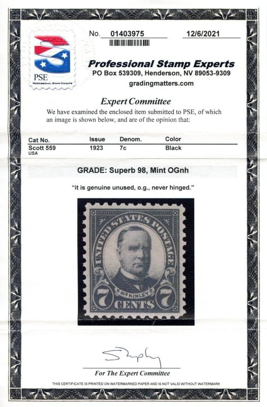 US SCOTT #559 MINT-SUPERB-OG-NH GRADED 98 W/ PSE CERT SMQ $400 (3/21/24 GP)