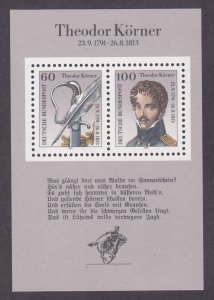 Germany 1685 MNH OG 1991 Theodor Körner - Poet Souvenir Sheet of 2 Very Fine