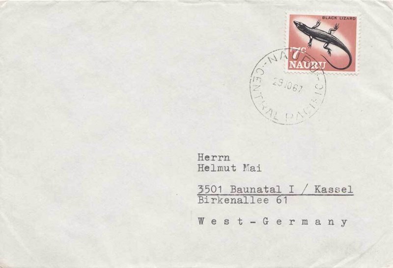 Nauru 7c Black Lizard 1967 Nauru, Central Pacific to Kassel, Germany.  EUROPE...