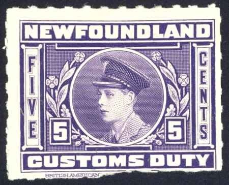 Canada Newfoundland Sc# NFC3 mint (no gum, bottom trimmed) 1925 5¢ Customs Duty