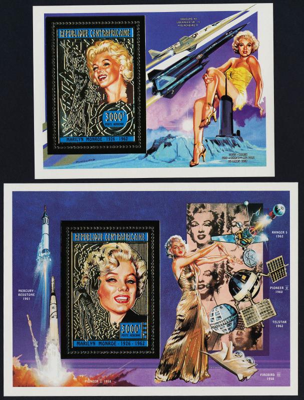 Central Africa Gold & Silver Foil s/s MNH Marlyn Monroe, Rocket, Satellites