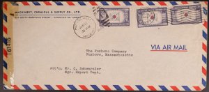 US 1945 Honolulu Hawaii Censored cover Jan 27 Sc 921 x 3 to Foxboro MA Per Air