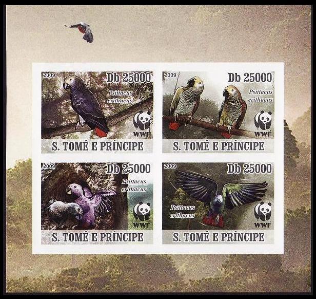 Sao Tome Birds WWF Grey Parrot 4 imperforated stamps in block 2*2