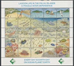 PALAU 246 MNH, SS OF 25 STAMPS, LAGOON LIFE, EARTH DAY