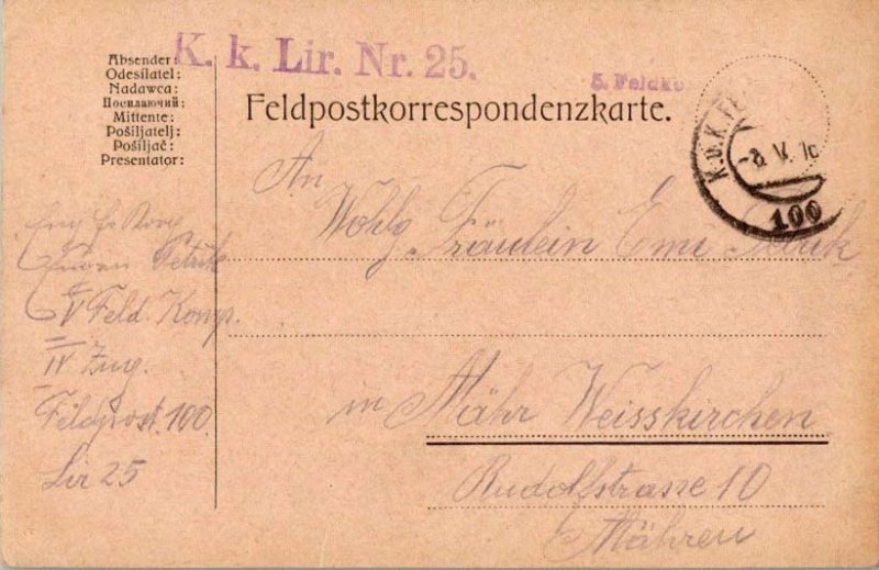 Austria Soldier's Free Mail 1916 K. und K. Feldpostamt 100 Feldpostcard to We...