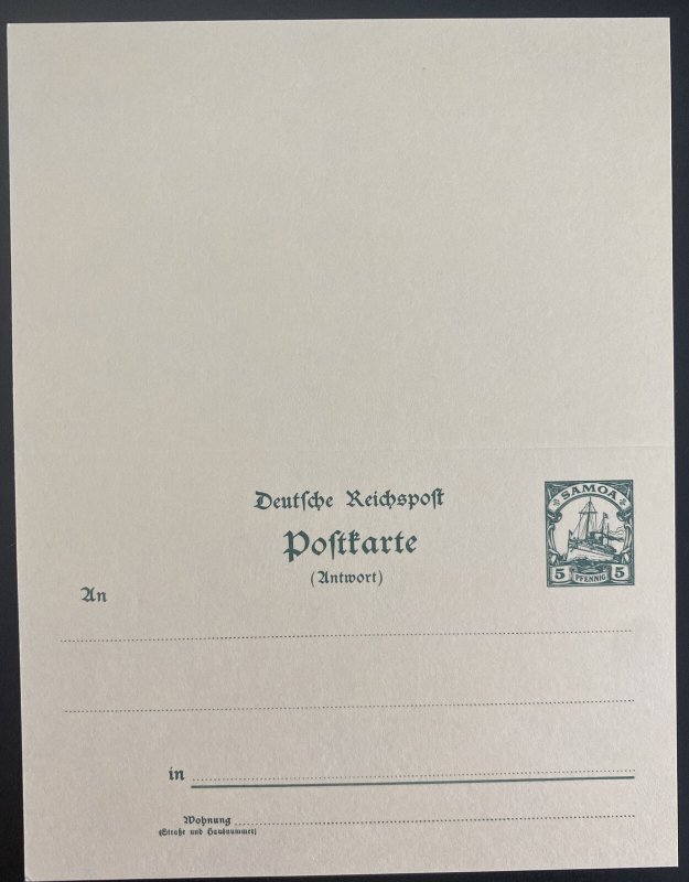 Mint German Samoa Dual Reply Stationery Postcard
