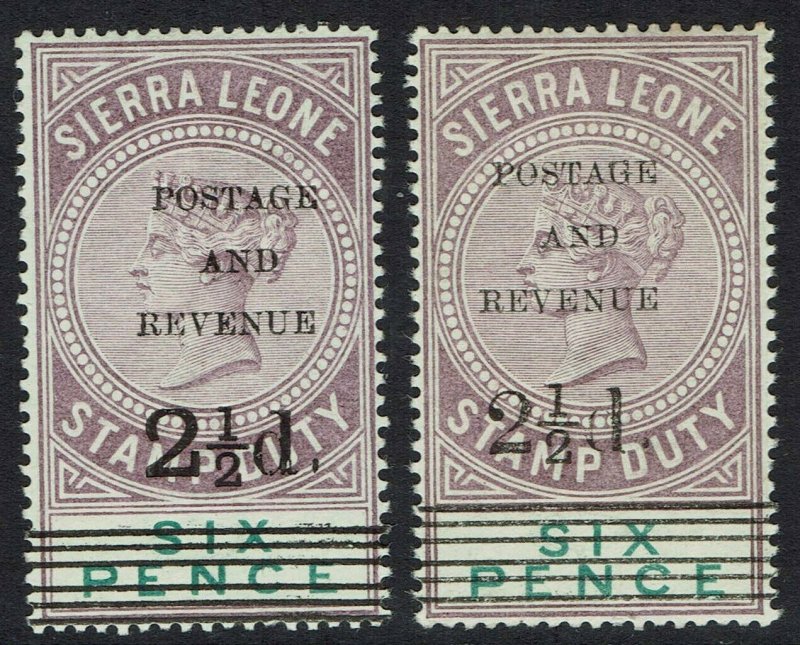 SIERRA LEONE 1897 QV 21/2D ON 6D */** 2 OVERPRINT TYPES