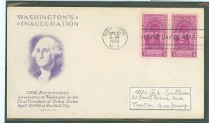 US 854 1939 3c Washington's Ignauguration anniv pair on an addressed (label) FDC with a Grimsland cachet and a small tea...