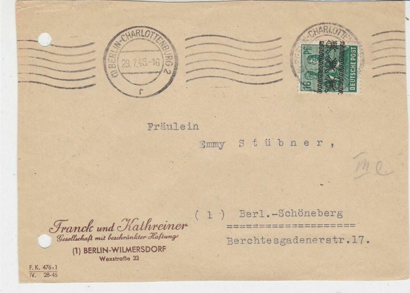 Germany Berlin 1948 Allied Occupation Stamps Cover FRONT to Schoneberg Ref 32385