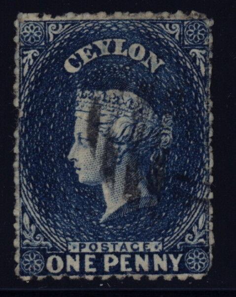 Ceylon 46a used dk blue perf 12 1/2- CC round ltrs & crown reversed, 1p Victoria