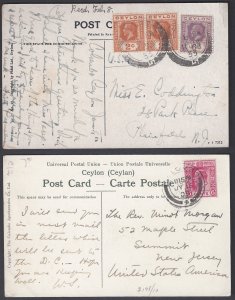 CEYLON 1929s 32 TWO POST CARD VIEWS COLOMBO TO US ONE WITH HINDU TEMPLE & BAMBOO