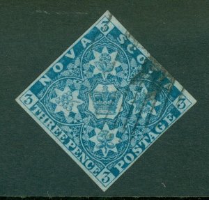 SG 4 Nova Scotia 1851-60. 3d pale blue. Very fine used. 4 margins CAT £160