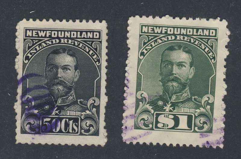 2x Newfoundland Revenue Stamps;   #NFR24-50c NFR25-$1.00  Used Guide = $47.50