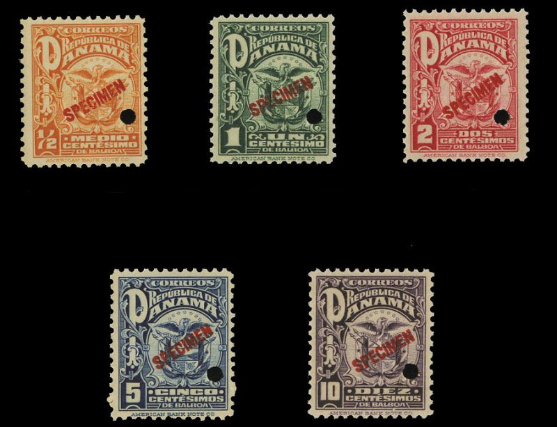 Panama #234-238, 1924 Arms, 1/2c-10c, five values, overprinted Specimen, with...