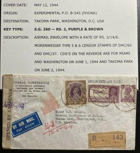 1944 Experimental PO India Commercial Censored Cover to Takoma WA USA