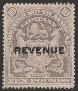 RHODESIA 1907 'REVENUE' on Arms £10 lilac. Rare