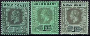 GOLD COAST 1913 KGV 1/- ALL DIE I SHADES WMK MULTI CROWN CA