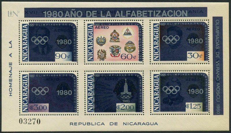 Nicaragua Michel 2141-2146 Bl.125,MNH.Olympics Moscow-1980.Alphabetization-1980.