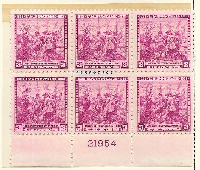 US #836 Swedish-Finnish  3c  Plate Block of 6 (MNH) CV $2.25